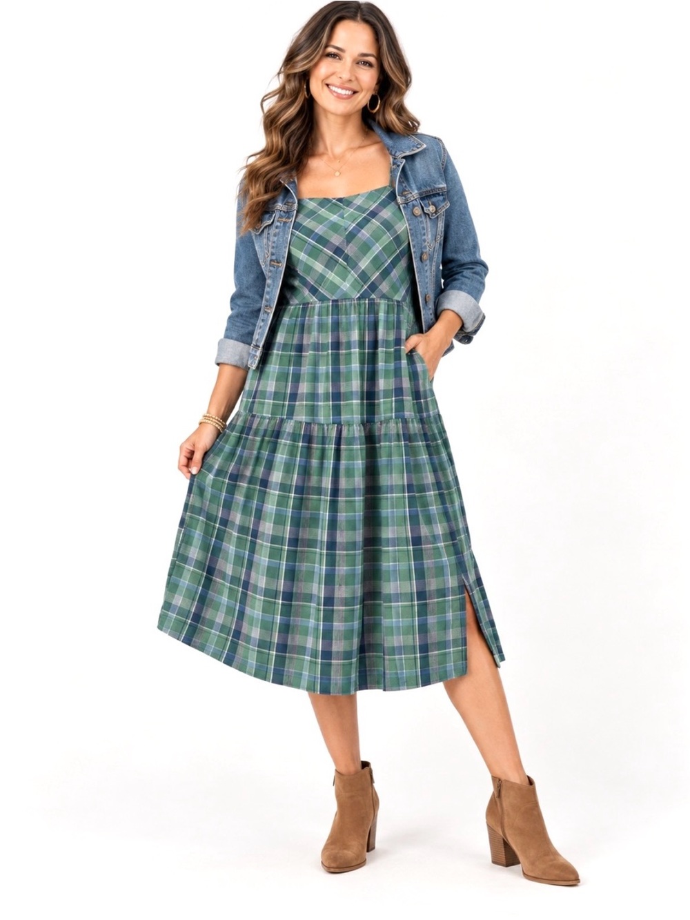 Free Assembly, Green Plaid Tiered Midi Dress, Size L